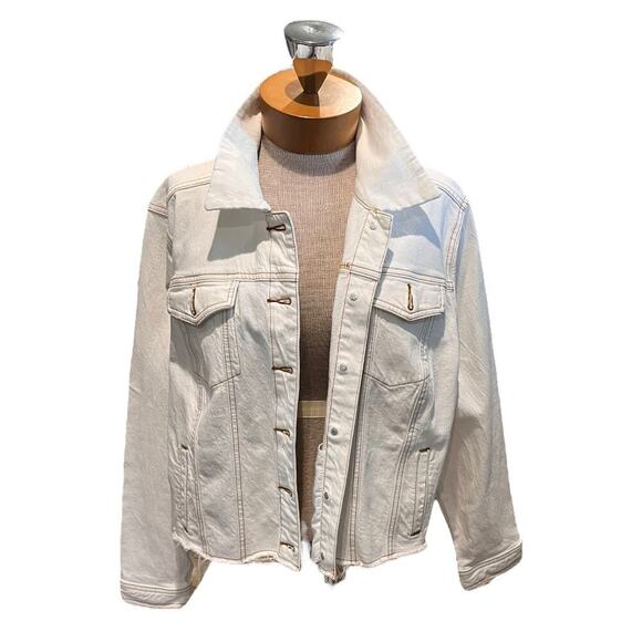 Upcycled Denim Jacket Embroidered Lace Open back beige Size XL/XXL Floral - Picture 2 of 9